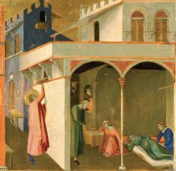 Ambrogio Lorenzetti (1285&ndash;1348), příběh svatého Mikuláše, sienská malba. Světec dává věno chudým dívkám, které chtěl otec vydat prostituci.
